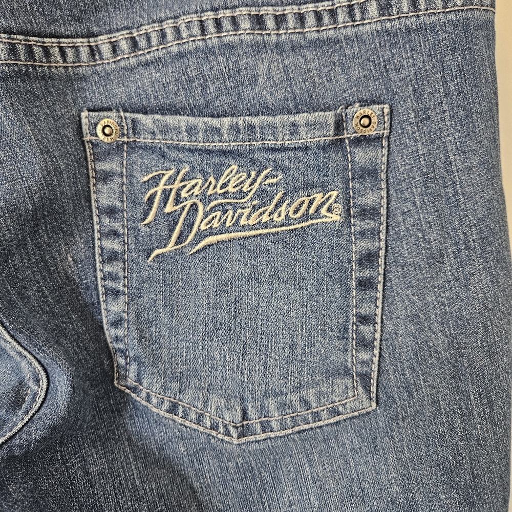 Harley‎ Davidson Capri Stretch Blue Jean Pants Embroidered Pocket Womens Size 6 - Picture 8 of 10